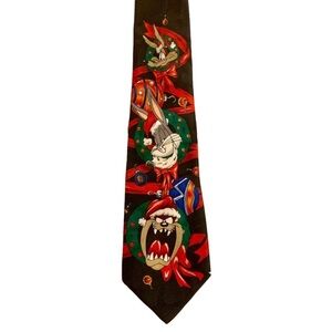 Vintage Looney Tunes Mania Tie Mens Black Christmas Bugs Taz Coyote 1996 90s